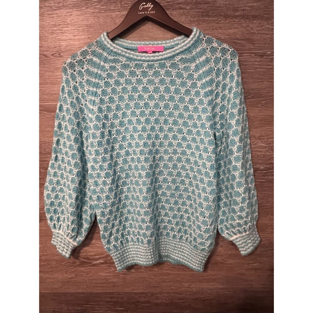 Lilly Pulitzer Brista Sweater Blue Honeycomb Size XS Wool Blend Crew Neck Preppy
